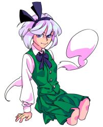  black_hairband blue_eyes bob_cut bow bowtie commentary_request female grey_hair hairband konpaku_youmu konpaku_youmu_(ghost) long_sleeves sitting skirt skirt_set solo touhou utaco white_background 