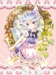  :&lt; absurdres ahoge animal_ears blue_eyes blush bone braid clock commentary_request dog_ears dog_tail female grey_hair highres holding izayoi_sakuya jiji_(381134808) maid maid_headdress solo tail thighhighs touhou twin_braids white_thighhighs 