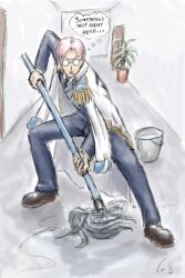  1boy bucket cleaning formal glasses hallway highres indoors jacket_on_shoulders kobi male male_focus marine military military_uniform mop necktie one_piece pink_hair plant potted_plant solo suit thought_bubble uniform washing 