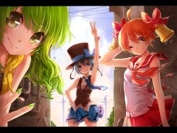  3girls :p ;) ahoge arm_up armpits bare_shoulders bell bellko_(rbb) blue_eyes blue_hair brown_eyes commentary_request earrings green_eyes green_hair hamko_(rbb) hand_on_own_hip hat highres jewelry ketsuko_(rbb) letterboxed long_hair mole multiple_girls nail_polish one_eye_closed orange_hair original rainybluebell rojiko short_hair skirt smile tongue tongue_out v wrist_cuffs 