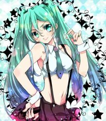  checkered_background chigo commentary_request female gradient_hair green_eyes green_hair hand_on_own_hip hatsune_miku long_hair microphone multicolored_hair nail_polish navel necktie photoshop_(medium) skirt smile solo suspenders twintails very_long_hair vocaloid wrist_cuffs 