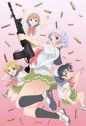  4girls aqua_eyes assault_rifle black_hair blonde_hair blue_eyes blue_sailor_collar bow brown_hair bun_cover fn_fnc fnc_(upotte!!) green_skirt grey_hair gun hair_bun hair_ornament halftone halftone_background high-waist_skirt holding holding_gun holding_weapon kneehighs l85a1_(upotte!!) looking_at_viewer m16a4_(upotte!!) miniskirt mismatched_sailor_collar multiple_girls official_art open_mouth pleated_skirt red_eyes rifle sailor_collar school_uniform serafuku sg550_(upotte!!) shell_casing shoes short_hair single_hair_bun single_horizontal_stripe skirt smile sneakers socks takami_akio trigger_discipline upotte!! weapon 