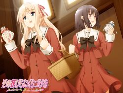  2girls :d basket black_hair blonde_hair blue_eyes copyright_name gift hair_ribbon kani_biimu matsubara_yuuna multiple_girls open_mouth photoshop_(medium) red_eyes ribbon sawaguchi_mai school_uniform smile sono_hanabira_ni_kuchizuke_wo st._michael&#039;s_school_uniform watermark 