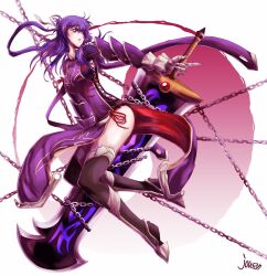  ao_no_kiseki boots chains commentary_request eiyuu_densetsu female full_body gauntlets gloves hair_over_one_eye half_updo highres huge_weapon purple_eyes purple_hair purple_theme rixia_mao short_hair solo sword tabard thigh_boots thighhighs weapon white_background xiacheng_tatsuya 