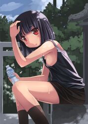  :o akemiho_tabi_nikki bad_id bad_pixiv_id black_hair blush bottle female fukube_tamaki gendai_ninjakko_zukan holding kouno_hikaru red_eyes short_hair sitting solo water_bottle wet 