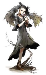  bad_id bad_pixiv_id bare_tree black_dress black_eyes black_hair bracelet dragon&#039;s_dogma dragon&#039;s_dogma_(series) dress female flower holding holding_flower jewelry kyuusugi_toku long_hair looking_at_viewer necklace pink_flower selene_(dragon&#039;s_dogma) smile solo tree twintails 