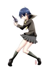  bad_id bad_pixiv_id female full_body grey_eyes gun handgun houndstooth machinosuke persona persona_4 photoshop_(medium) revolver school_uniform serafuku shirogane_naoto short_hair simple_background skirt solo weapon white_background 