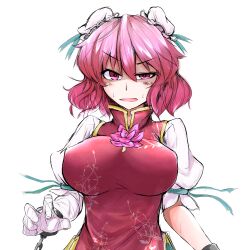  annoyed bandages breasts chains commentary_request cuffs double_bun female flower hair_bun ibaraki_kasen large_breasts partial_commentary pink_eyes pink_hair rihito_(usazukin) rose shackles short_hair simple_background solo sweatdrop tabard touhou upper_body white_background 