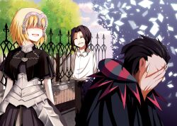  2boys armor armored_dress bad_id bad_pixiv_id black_hair blonde_hair dual_persona fate/apocrypha fate/zero fate_(series) female fence gilles_de_rais_(caster)_(fate) hands_on_own_face headpiece jeanne_d&#039;arc_(fate) jeanne_d&#039;arc_(ruler)_(fate) multiple_boys no_eyes pawnluoluo photoshop_(medium) short_hair tree 