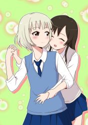  2girls 7001 black_eyes black_hair closed_eyes commentary_request grey_hair miwa_ai multiple_girls oomuro-ke oomuro_nadeshiko sweater_vest yuru_yuri 