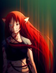  animal_ears blood cat_ears commentary english_commentary female long_hair mike_inel original photoshop_(medium) red_hair smile solo tank_top 