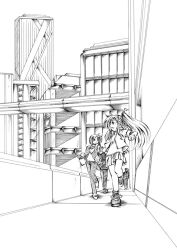  2girls alicia_testarossa city cityscape commentary_request fate_testarossa greyscale jason_(kaiten_kussaku_kikou) long_hair lyrical_nanoha mahou_shoujo_lyrical_nanoha_strikers monochrome multiple_girls photoshop_(medium) siblings sisters skirt time_paradox urban 