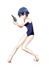  bad_id bad_pixiv_id barefoot female full_body grey_eyes gun handgun machinosuke one-piece_swimsuit persona persona_4 photoshop_(medium) revolver school_swimsuit shirogane_naoto short_hair simple_background solo swimsuit weapon white_background 