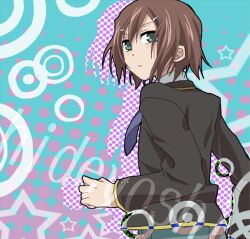  1boy bad_id bad_pixiv_id baka_to_test_to_shoukanjuu brown_hair hair_ornament hairpin kinoshita_hideyoshi looking_back necktie sasayama_panda short_hair 