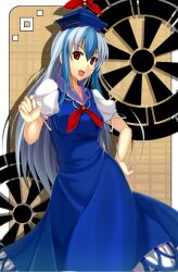  blue_hair chalk collarbone commentary_request female grey_hair hat highres hinami_(hinatamizu) kamishirasawa_keine long_hair long_skirt multicolored_hair open_mouth puffy_sleeves red_eyes short_sleeves skirt solo touhou two-tone_hair 