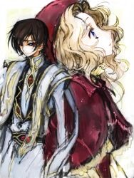  1boy black_hair blonde_hair c_(rahit) code_geass commentary_request female lelouch_vi_britannia long_hair nunnally_vi_britannia purple_eyes short_hair unusually_open_eyes 