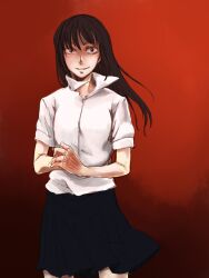  black_hair commentary_request cracking_knuckles crazy_eyes female ishido_natsuo long_hair school_uniform shirt short_sleeves skirt smile solo teppu tsukino 