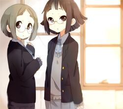  2girls black_eyes black_hair blazer commentary extra eyebrows glasses grey_hair jacket k-on! multiple_girls occult_club_(k-on!) open_clothes open_jacket sakuragaoka_high_school_uniform school_uniform short_hair sunameri_oishii sweater symbol-only_commentary window 