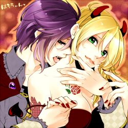  2girls androgynous bare_shoulders black_hair blonde_hair breasts chaka0w0 cleavage commentary_request halloween hoshii_miki idolmaster idolmaster_(classic) kikuchi_makoto medium_breasts multiple_girls nail_polish oerba_yun_fang short_hair vampire yuri 