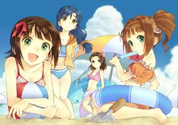  4girls :d amami_haruka ball barefoot beach_umbrella beachball bikini blue_hair breasts brown_hair cleavage flat_chest food green_eyes holding idolmaster idolmaster_(classic) inflatable_dolphin inflatable_toy innertube kisaragi_chihaya long_hair looking_at_viewer medium_breasts minase_iori multiple_girls open_mouth popsicle purple_eyes sand short_hair small_breasts smile swim_ring swimsuit t-okada takatsuki_yayoi twintails umbrella yellow_eyes 