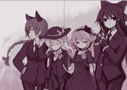  4girls alternate_costume alternate_hairstyle animal_ears bad_id bad_pixiv_id bow braid cat_ears closed_eyes collarbone fingerless_gloves flower formal gloves hair_ribbon hairband hairbow hat hat_bow kaenbyou_rin komeiji_koishi komeiji_satori long_hair long_sleeves minamura_haruki multiple_girls necktie pant_suit pants reiuji_utsuho ribbon rose short_hair short_sleeves siblings single_braid sisters smile suit touhou very_long_hair 