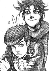  2boys :&gt; aged_down anchor_ornament bud_(korovsme) commentary_request diamond_wa_kudakenai father_and_son gakuran graphite_(medium) greyscale higashikata_josuke jojo_no_kimyou_na_bouken joseph_joestar joseph_joestar_(young) male_focus monochrome multiple_boys pompadour school_uniform time_paradox traditional_media v 