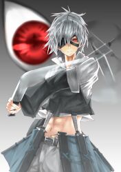  akimikan_(2.5deciliter) alternate_costume bad_id bad_pixiv_id belt dagger eyeball eyepatch female highres holding holding_weapon izayoi_sakuya knife navel photoshop_(medium) red_eyes short_hair slit_pupils solo touhou unsheathed weapon white_hair 