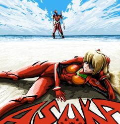  beach blue_eyes character_name cloud commentary_request day eva_02 evangelion:_3.0_you_can_(not)_redo eyepatch female head_rest long_hair neon_genesis_evangelion ocean orange_hair outdoors perspective plugsuit rebuild_of_evangelion rxjx sky solo souryuu_asuka_langley 