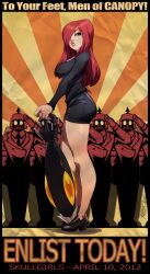  2012 bare_legs breasts commentary english_commentary female hair_over_one_eye high_heels krieg_(skullgirls) large_breasts lips long_hair miniskirt parasoul_(skullgirls) poster_(medium) propaganda red_eyes red_hair robaato salute shoes skirt skullgirls soldier solo umbrella 