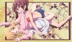  2girls aoki_ume bakemonogatari bare_shoulders barefoot black_hair blonde_hair blue_eyes blush brown_hair butt_crack cutoffs denim denim_shorts drill_hair eyebrows eyecatch highres jpeg_artifacts mahou_shoujo_madoka_magica monogatari_(series) mouth_hold multiple_girls nisemonogatari parody photoshop ponytail purple_hair red_eyes red_hair sakura_kyouko short_shorts shorts source_request tomoe_mami tubetop twin_drills yellow_eyes yuri 