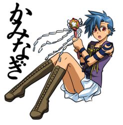  androgynous blue_hair boots cosplay gender_request kamina_(ttgl) kannagi nagi_(kannagi) nagi_(kannagi)_(cosplay) panties skirt solo tattoo tengen_toppa_gurren_lagann underwear wand 