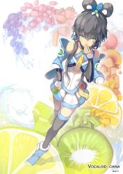  artist_name bare_shoulders berry black_hair black_thighhighs chinese_commentary commentary_request copyright_name detached_sleeves female food fruit grapes green_eyes hair_ornament hair_rings hand_to_own_mouth highres holding kiwi_(fruit) lemon lemon_slice looking_at_viewer luo_tianyi madyy photoshop_(medium) rainbow_order single_thighhigh skirt solo strawberry thighhighs twintails vocaloid vsinger 