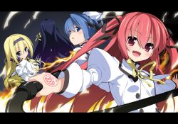  4girls :d areishia_spirit_academy_uniform blonde_hair blue_eyes blue_hair blush claire_rouge commentary_request drill_hair ellis_fahrengart fianna_ray_ordesia fire hair_ribbon hyouju_issei juliet_sleeves letterboxed long_hair long_sleeves looking_at_viewer looking_back magic_circle multiple_girls open_mouth puffy_sleeves red_eyes red_hair ribbon rinslet_laurenfrost school_uniform seirei_tsukai_no_blade_dance smile two_side_up very_long_hair 