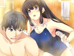  1boy back_scrub black_hair blush competition_swimsuit female game_cg indoors long_hair marushin_(denwa0214) mixed-sex_bathing one-piece_swimsuit open_mouth purple_eyes shared_bathing shower_head straight supokon!_sports_wear_complex swimsuit terashima_madoka towel tsuji_tatsuya washing wet 