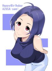  ahoge bad_id bad_pixiv_id blue_hair blush breasts female idolmaster idolmaster_(classic) large_breasts miura_azusa red_eyes short_hair skirt smile solo tkhs 