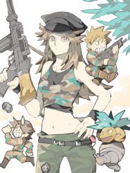  2boys alternate_costume belly blue_oak brown_eyes brown_hair chibi exeggutor female gun leaf_(pokemon) multiple_boys poke_ball pokemon pokemon_(creature) pokemon_frlg red_(pokemon) rotasu soldier tegaki weapon 