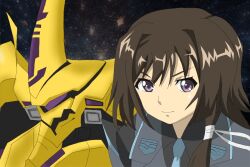  brown_hair female hair_ribbon happy long_hair looking_at_viewer mecha muvluv muvluv_alternative muvluv_total_eclipse necktie purple_eyes ribbon smile space star stars takamura_yui tie type-00f_takemizakuchi uniform 