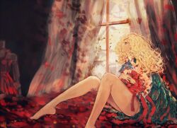  bad_id bad_pixiv_id bare_legs barefoot bed blonde_hair curtains female flower highres hpknight ib_(kouri) legs long_hair mary_(ib) petals profile red_flower red_rose rose rose_petals sitting wavy_hair window yellow_flower yellow_rose 