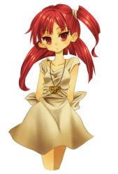  arms_behind_back commentary_request dress female jewelry long_hair looking_at_viewer magi_the_labyrinth_of_magic morgiana one_side_up pendant red_eyes red_hair simple_background solo tachibana_beni tsurime white_background white_dress 