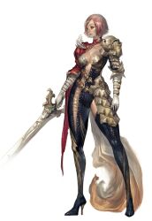  armor asymmetrical_clothes breasts cleavage commentary faulds female gauntlets high_heels medium_breasts original pauldrons pink_hair shoes short_hair shoulder_armor solo sword tahra weapon 