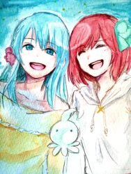  2girls akb0048 aqua_hair commentary_request jikasei kirara_(akb0048) long_hair motomiya_nagisa multiple_girls open_mouth painting_(medium) red_hair ribbon short_hair smile sono_chieri traditional_media watercolor_(medium) 