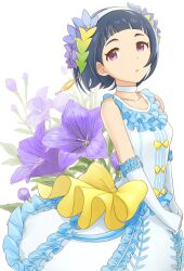  bellflower blue_hair bud chinese_bellflower collarbone commentary_request dani-ikapi dress elbow_gloves female floral_background flower frilled_dress frills from_side gloves hairband idolmaster idolmaster_cinderella_girls okazaki_yasuha parted_lips purple_eyes purple_flower solo 