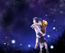  2boys black_hair brother brothers carry carrying closed_eyes east_blue grass hat hat_removed headwear_removed male male_focus monkey_d_luffy multiple_boys night night_sky one_piece outdoors piggyback portgas_d_ace sandals shorts siblings sky sleeping straw_hat vest walking 