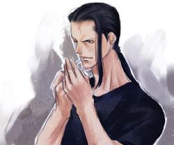  1boy ben_beckman black_eyes black_hair black_shirt cigarette long_hair male male_focus one_piece shirt smoking solo t-shirt white_background wink 