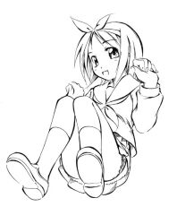  commentary_request female greyscale hiiragi_tsukasa jason_(kaiten_kussaku_kikou) looking_at_viewer lucky_star monochrome open_mouth photoshop_(medium) short_hair simple_background smile socks solo white_background 