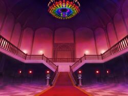  aoha_(twintail) chandelier checkered_floor commentary_request door no_humans photoshop_(medium) plant potted_plant rainbow_order red_carpet scarlet_devil_mansion scenery stairs touhou 