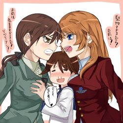  3girls angry arguing bad_id bad_pixiv_id blood blue_eyes blush breast_contest breast_press breasts brown_eyes brown_hair charlotte_e._yeager eye_contact face-to-face female_pervert forehead-to-forehead gertrud_barkhorn girl_sandwich grabbing grabbing_another&#039;s_breast hair_ribbon heads_together komusou_(jinrikisha) large_breasts looking_at_another military military_uniform miyafuji_yoshika multiple_girls nosebleed orange_hair pervert ribbon sandwiched strike_witches translated uniform world_witches_series yuri 