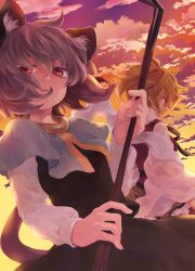  2girls animal_ears blonde_hair capelet cloud commentary_request dowsing_rod dusk grey_hair long_sleeves mouse_ears multiple_girls nazrin orange_eyes short_hair sky tail tomobe_kinuko toramaru_shou touhou wide_sleeves 