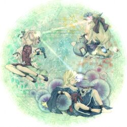  3girls animal animal_on_arm bandages barefoot betelgeuse_(star) bird bird_on_arm blonde_hair bow bun_cover camellia_print chains chinese_clothes closed_eyes closed_mouth commentary_request constellation cuffs cup danmaku double_bun energy_ball floral_print flower gourd hair_bun hairbow hexagram holding holding_cup horns hoshiguma_yuugi hoshiguma_yuugi_(kimono) ibaraki_kasen ibuki_suika ikkaku japanese_clothes long_hair magic_circle multiple_girls orion_(constellation) procyon_(star) puffy_short_sleeves puffy_sleeves right-over-left_kimono rose round_image sakazuki short_hair short_sleeves single_horn sirius_(star) sitting sleeveless symbolism touhou triangle very_long_hair 