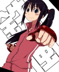  bad_id bad_pixiv_id blush_stickers female fighting_stance fingerless_gloves gloves highres ishido_natsuo jacket long_hair morisaki_hichimi ponytail purple_eyes smile solo teppu track_jacket 